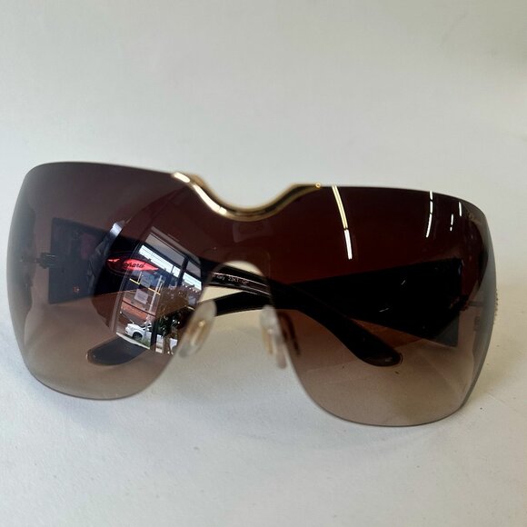 Chopard Luxury Oversized Shield Sunglasses – Gold Embellished w/ Crystal Accent - Picture 1 of 4
